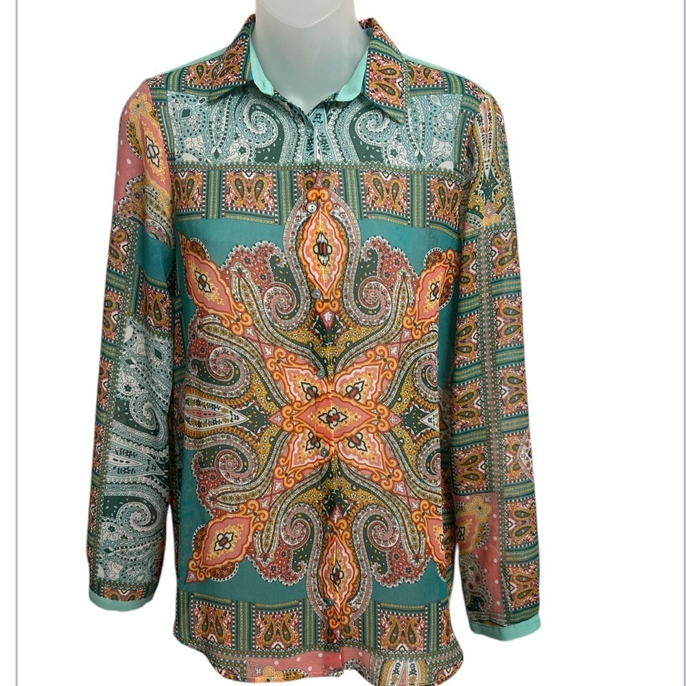 Zara Basic Boho Button Sheer Blouse Green Paisley small